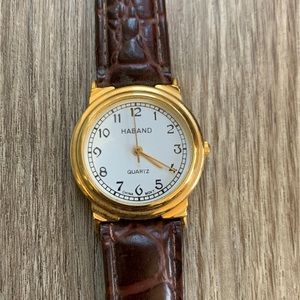 Haband Quartz Wrist Watch Gold White Face Brown Buckle strap Vintage NWOT